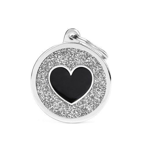MyFamily Shine Big Grey Glitter Circle Black Heart ID Tag (Grande, Grey)